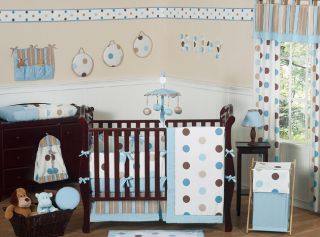 Modern Blue Brown Polka Dot Baby Bedding Crib Set for Newborn Girl 