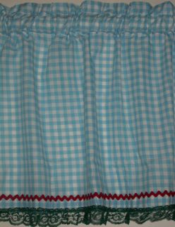 NEW BLUE GINGHAM 18 WINDOW CURTAINS VALANCE LACE COUNTRY COTTAGE 