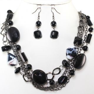 Black Pearl Bead Hematite Layered Earrings Necklace Set Costume 
