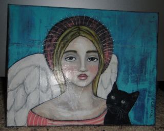 Black Cat & Angel Original Art Canvas   Primitive Folk Art Signed by 