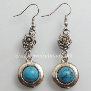 Antique Silver Metal Blue Stone Beads Dangle Earring Pair Z035