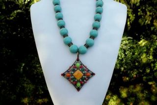 Ethnic Design Hobe Necklace Big Turquoise Glass Beads Coral Aqua Beads 