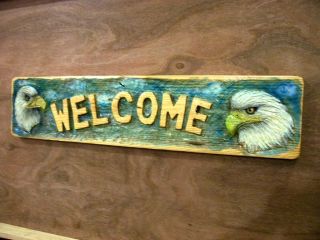 Chainsaw Carving Bald Eagle Welcome Sign Carved Fishing Cabin Decor 