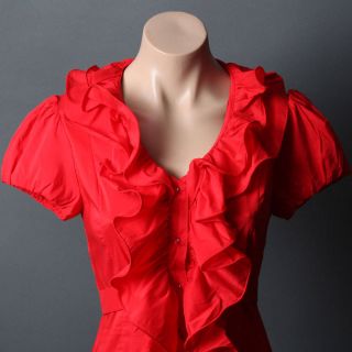 Women Romantic Red Ruffles Short Sleeve Button Down Cotton Blouse 