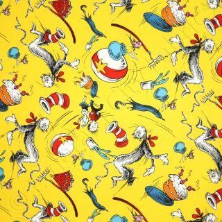 Robert Kaufman Dr Seuss Suess The Cat In The Hat Tossed Yellow Cotton 