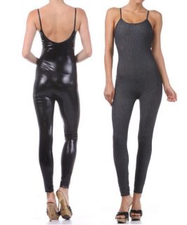 New Solid Fitted Jumpsuit Bodysuit Full Length Metallic Shiny Black 