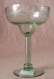 Bobby Flay Margarita Glass Etched Floral Green Tint Hand Blown Food 