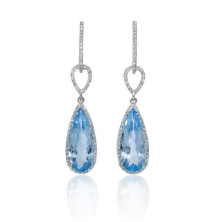 14k White Gold Diamond Blue Topaz Dangle Earrings