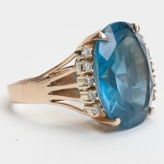    Diamond Blue Topaz Gold Cocktail Ring Statement Heirloom Jewelry