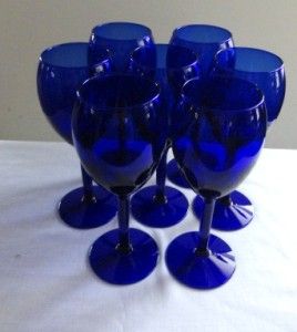 COBALT BLUE TALL STEMMED WINE/WATER GLASSES   SET OF 7  8 oz