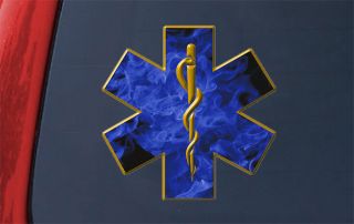 Medium 6 Star of Life Blue Flames Sticker Decal Ambulance EMT Fire 