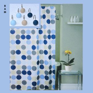 Blue Fabric Shower Curtain w Metal Ceramic Hooks Free Liner