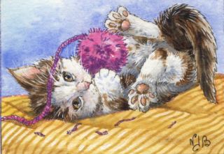 ACEO Original Painting Cat Playing with A Bobble Jahan