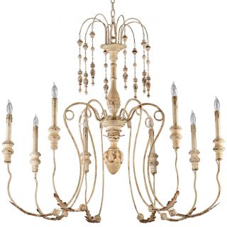   Country Antique White 8 Light Chandelier Wrought Iron Wood