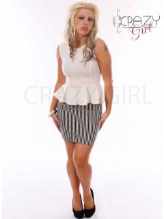 New Womens Stripe Print Peplum Frill Bodycon Shift Sleeveless Dress 