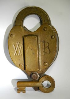 Vintage Antique Brass Wilson Bohannon Padlock Lock Key Old Skeleton 