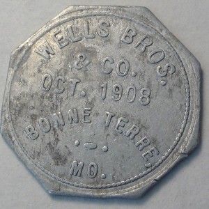 Bonne Terre Missouri Wells Bros Co 1908 GF 50c Trade Token 29mm 2M299 