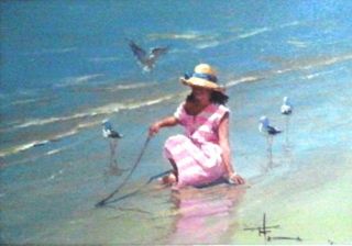 Robert Hagan Original Oil Painting, Beach Scene