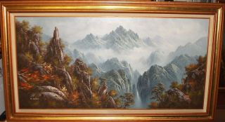 Boren Large Oil on Canvas Mountain Waterfall Painting
