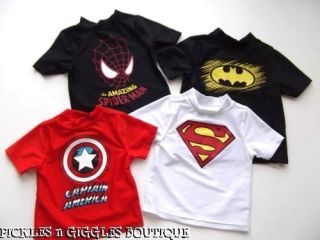 Superhero Swim Rash Guard Shirt Boys Batman Spiderman Superman 6 12 18 