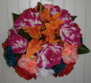 Orange Red Tangerine Silk Flower Wedding Bouquet D522