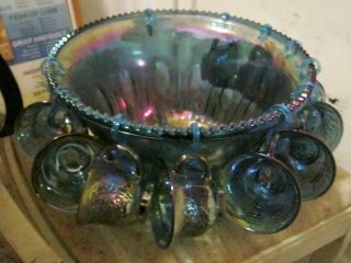 Indiana Blue Carnival Glass Princess Punch Bowl Set 20 Cup 11 Hangers 