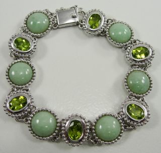 Sterling Silver Green Jade Bracelet Peridot Link Chain Gemstone Round 