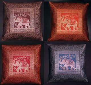 Handmade Indian Silky Cushion Pillow Cover Brocade Elephant Decoration 
