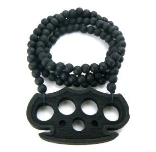 Black Brass Knuckles Wood Wooden Pendant Beaded Necklace Hip Hop Style 