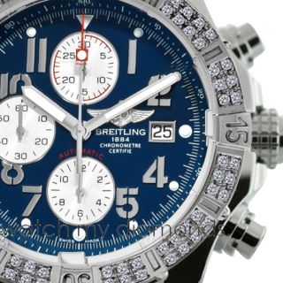 Breitling Super Avenger Blue A13370 2 Ct Diamond Bezel Authentic Watch 