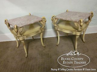 vintage painted pair of swan carved marble top end tables