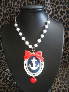 ANCHOR CAMEO NECKLACE WITH ROSARY CHAIN VINTAGE / PIN UP / ROCKABILLY 