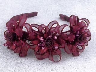   Girls Burgundy Ribbon 3 Flower Headband Wedding Flower Girl