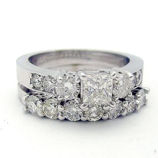 Diamond Bridal Set Ring with 2 50 carat Princess and Round Cut in 14K 