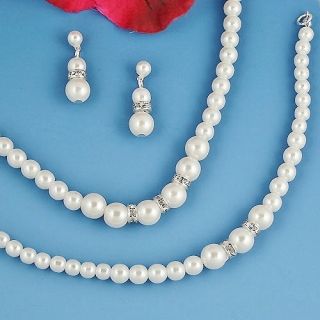    Bridal Jewelry Wedding White Pearl Necklace Earrings Bracelet 4 Set