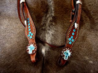 Bridle Western Leather Headstall Brown Tack Turquoise Cross Conchos 