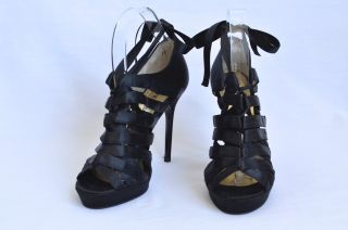 Bruno Frisoni Womens Black Satin Lace Up Peep Toe Bootie Stiletto Shoe 