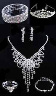  Bridal Prom Crystal Rhinestone Necklace Earring Bracelet Crown Set 