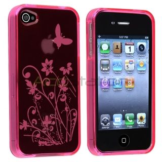 Clear Hot Pink Flower Butterfly TPU Rubber Soft Case Cover For iPhone 