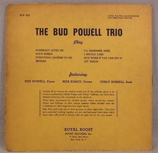 The Bud Powell Trio Orig Royal Roost RLP 401 10” Orig 1950 Release 