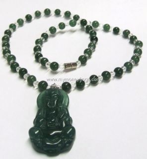 Chinese KWAN WAN YIN Buddha Buda Feng Shui Green Jade Chinese Necklace 