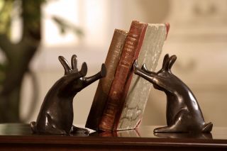  simple and cute rabbit bookends are made of resin and have a bronze 