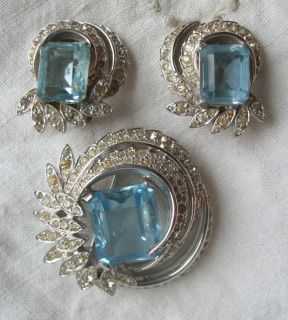 Vintage Jomaz Aquamarine Rhinestone Earring Brooch Set