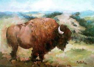 Yellowstone Buffalo Western Wildlife Original Impressionism Animal Oil 