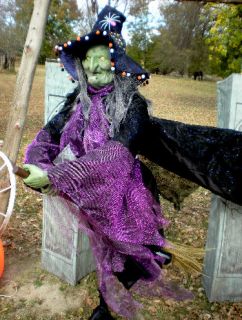 Animated 65 Hag Witch Riding on A Broom Halloween Prop