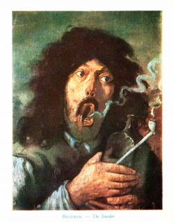 1950 Photolithograph Adriaen Brouwer Art Creepy Smoker Man Pipe 