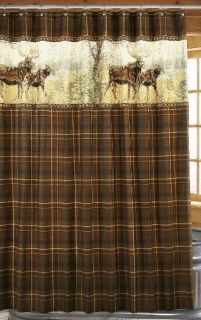 Moose Shower Curtain Brown Plaid Lodge Cabin Rustic NEW in PKG