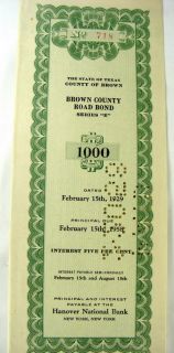 1929 Brownwood, Texas $1,000 Road Bond   80 years old   Rare item