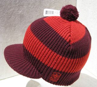 Bula Wine Red Stripe Peak Pom Pom Ski Beanie Hat