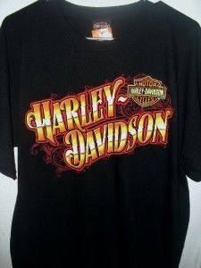 NWT Harley Davidson Black Gold Chrome Flames Bar Shield T Shirt Top 